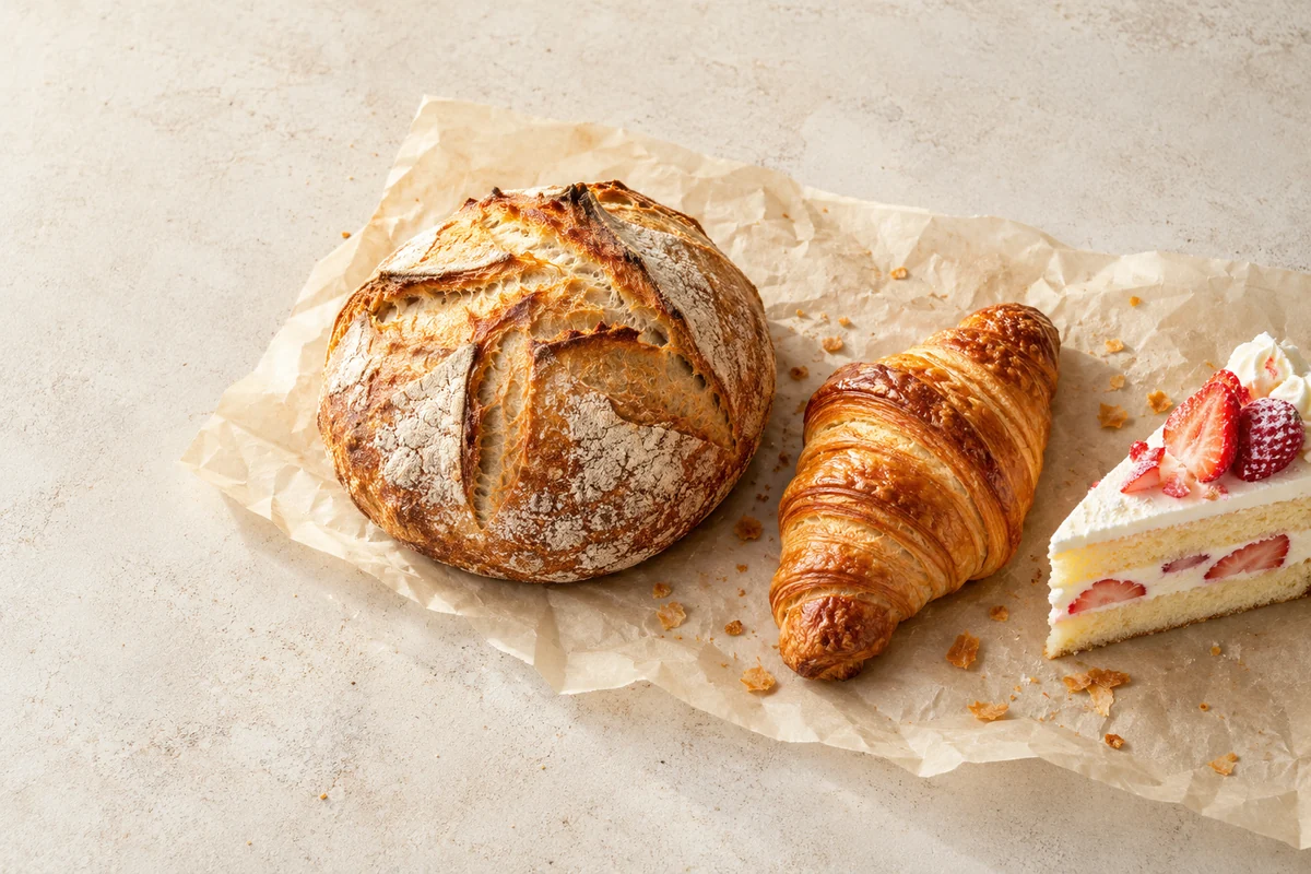 A flour dusted sourdough loaf, golden croissant and strawberry cake on parchment